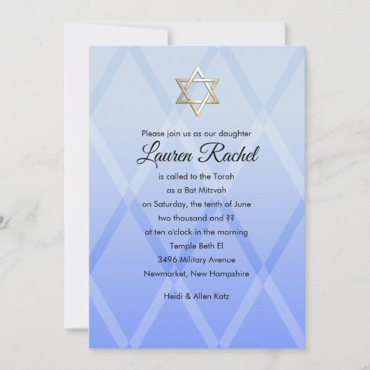 Bat Mitzvah Harlequin Blauer Einladung (Vorderseite)