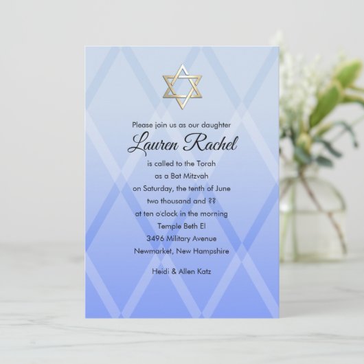 Bat Mitzvah Harlequin Blauer Einladung (Stehend Vorderseite)