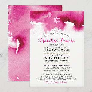 BAT MITZVAH HEBREW hellrosa Aquarell Einladen Einladung