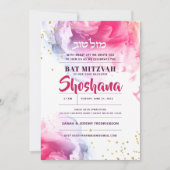Bat Mitzvah Hebrew Watercolor Glitzer Einladung (Vorderseite)