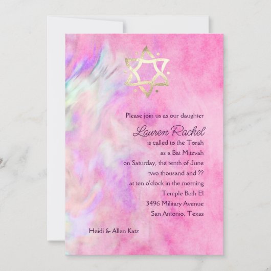 Bat Mitzvah Hot Pink und Lila Gefärbte Krawatte De Einladung (Vorderseite)