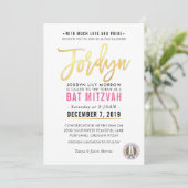BAT MITZVAH hübsch-rosa Goldskript JORDYN Einladung (Stehend Vorderseite)