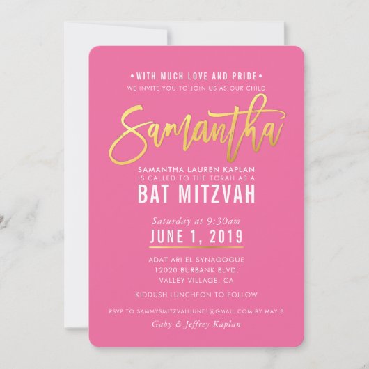 BAT MITZVAH hübsch-rosa-weißes Goldskript SAMANTHA Einladung (Vorderseite)