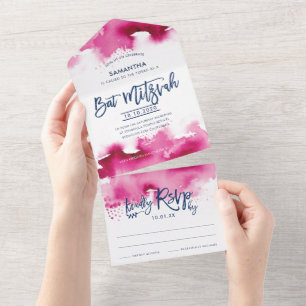 BAT MITZVAH hübsche handgeschriebene rosa Wasserfa All In One Einladung