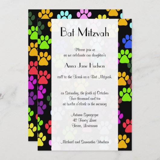 Bat Mitzvah - Hundepaws, Paw-Drucke - Blue Green Einladung (Vorne/Hinten)