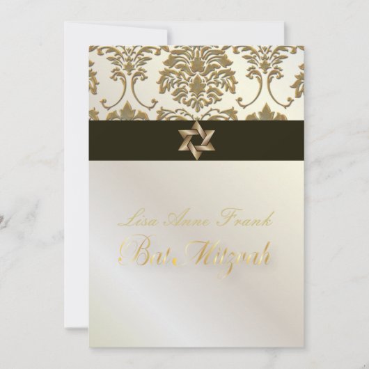 Bat Mitzvah+Imitate Gold Damask/Black+Perle Einladung (Vorderseite)