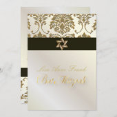 Bat Mitzvah+Imitate Gold Damask/Black+Perle Einladung (Vorne/Hinten)