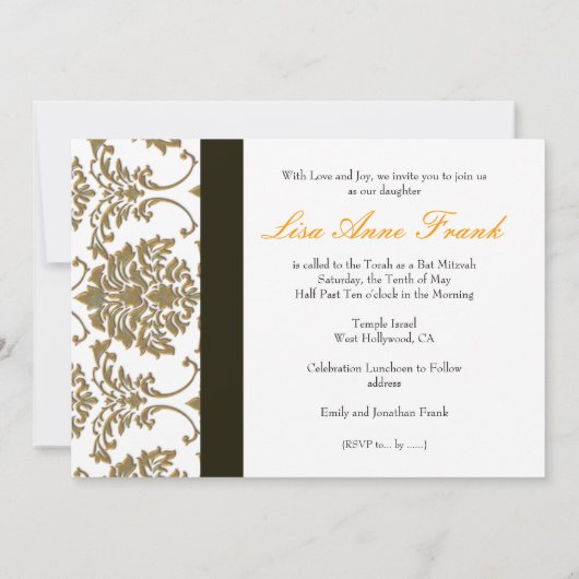 Bat Mitzvah+Imitate Gold Damaskus/Schwarz+Weiß Einladung (Rückseite)