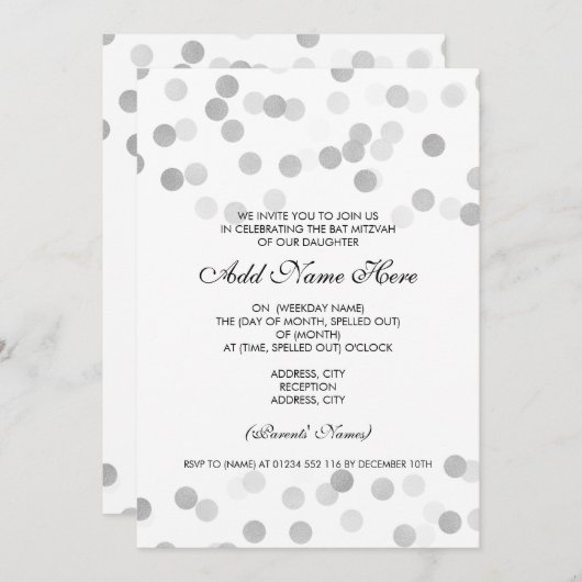 Bat Mitzvah Imitate Silberner Fossil Glitzer Licht Einladung (Vorne/Hinten)