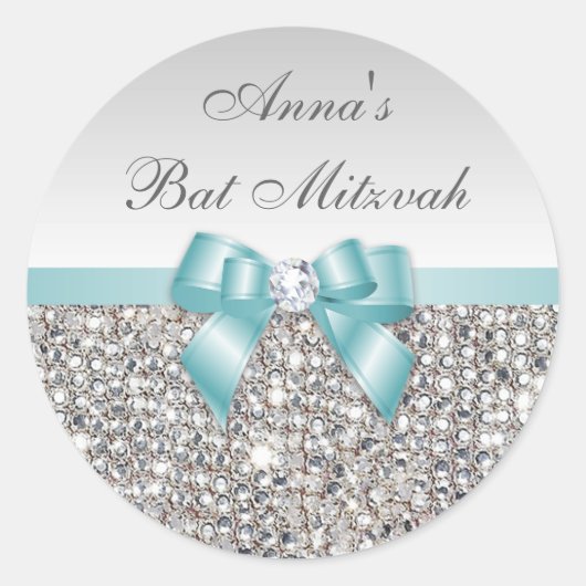 Bat Mitzvah Imitate Silver Sequins Aquamarine Bow  Runder Aufkleber (Vorderseite)