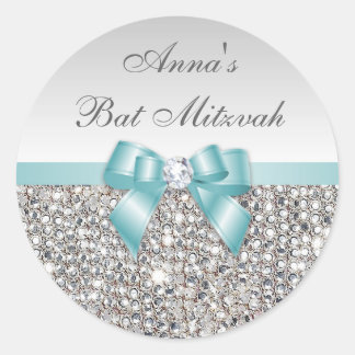Bat Mitzvah Imitate Silver Sequins Aquamarine Bow  Runder Aufkleber
