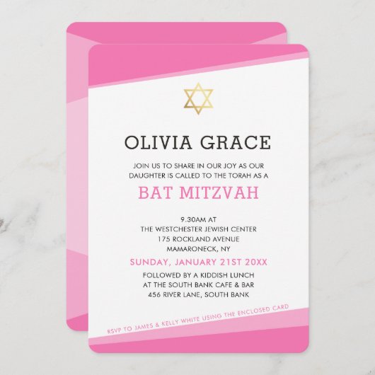BAT MITZVAH INVITE einfache, moderne Winkel rosa Einladung (Vorne/Hinten)