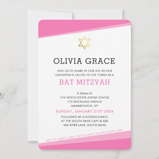 BAT MITZVAH INVITE einfache, moderne Winkel rosa Einladung (Vorderseite)