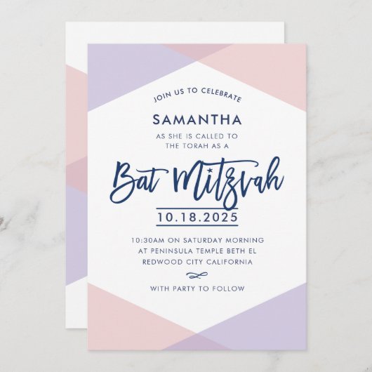 BAT MITZVAH INVITE handsigniert lila, blassrosa Einladung (Vorne/Hinten)