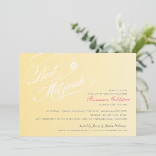 BAT MITZVAH INVITE Stilvolle Typografie ombre gelb Einladung (Stehend Vorderseite)