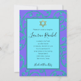 Bat Mitzvah irgendeine Farbe Aqua Scroll Design Einladung