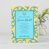 Bat Mitzvah irgendeine Farbe Aqua Scroll Design Einladung (Stehend Vorderseite)