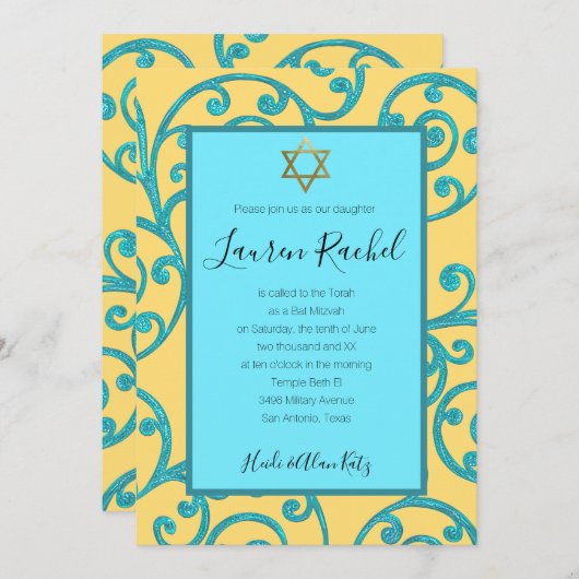 Bat Mitzvah irgendeine Farbe Aqua Scroll Design Einladung (Vorne/Hinten)