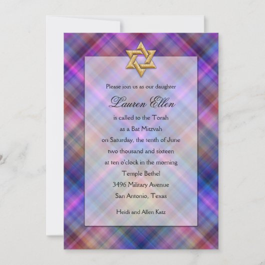 Bat Mitzvah Layered Look Kariert Einladung (Vorderseite)