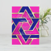Bat Mitzvah Layered Stars von David Hot Pink Blue Einladung (Stehend Vorderseite)
