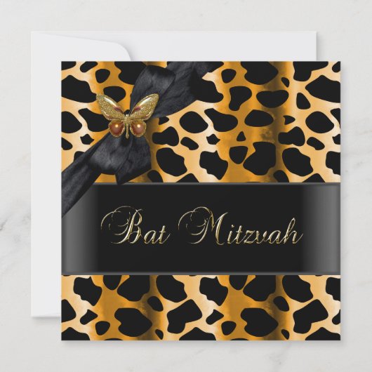 Bat Mitzvah Leopard Gold Black Butterfly Einladung (Rückseite)