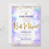 Bat Mitzvah lila Aquarellgoldfolienskript Einladung (Vorderseite)