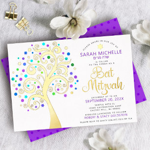 Bat Mitzvah Lila Baum des Lebens Schrift Echtgold Folieneinladung