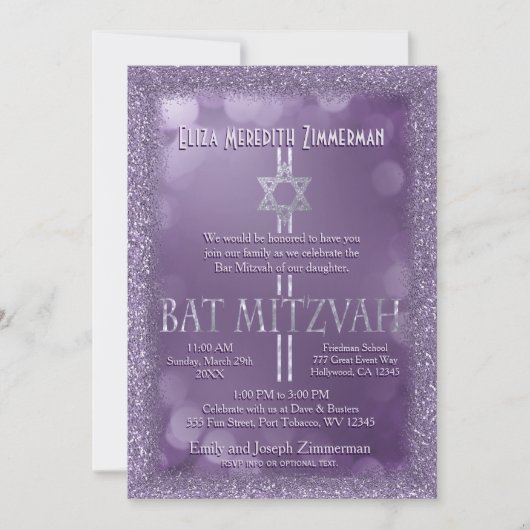 Bat Mitzvah | LILA GLITZER Einladung (Vorderseite)