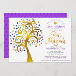 Bat Mitzvah Lila Goldener Foil Moderner Tree des L Einladung<br><div class="desc">Seien Sie stolz, freuen Sie sich und präsentieren Sie diesen Meilenstein Ihres Lieblings-Bat Mitzvah! Dieses grafische Imitat mit goldfarbenen, funkelnd türkisfarbenen, aquamarinen, lila und blauen Stern von David und dot "Blätter" auf weißem Hintergrund ist die perfekte Einladung für diesen besondere Anlass. Ein winziger, lila Stern von David-Muster, der heller lila...</div>