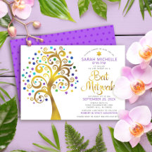 Bat Mitzvah Lila Goldfolie Schrift Baum des Lebens
