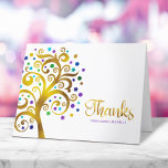 Bat Mitzvah Lila Goldreich Dankeskarte<br><div class="desc">Vergewissern Sie sich, dass Ihr Lieblings-Bat Mitzvah ihre Wertschätzung für alle, die ihre Meilenstein-Veranstaltung unterstützt! Verschicken Sie diese ausgeklügelte, personalisierte Dankeschön-Karte! Diese Grafik Imitat Goldfolienbaum mit funkelnd türkisfarbenen, aquamarinen, lila und blauen Star of David und Punkt "Blätter" überlagert einen weißen Hintergrund. Personalisieren Sie den benutzerdefinierten Text mit dem Namen Ihres...</div>
