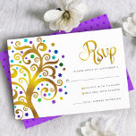 Bat Mitzvah Lila Goldreich RSVP Karte<br><div class="desc">Seien Sie stolz, freuen Sie sich und präsentieren Sie diesen Meilenstein Ihres Lieblings-Bat Mitzvah! Fügen Sie diese Grafik-Imitate Goldfolienbaum mit funkelnd türkisfarben, aquamarin, lila und blau Star of David und Punkt "Blätter" auf einem weißen Hintergrund, personalisierte UAWG Insert-Karte für Ihre Veranstaltung. Ein winziger, lila Stern von David-Muster, der heller lila...</div>