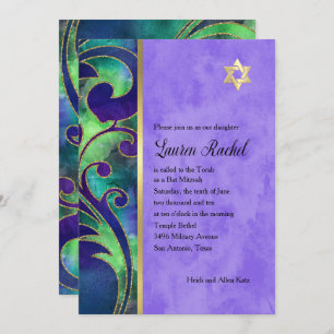 Bat Mitzvah Lila Green Watercolor Gold Akzente Einladung
