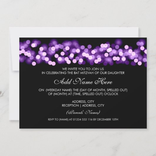 Bat Mitzvah Lila Hollywood Glam Einladung (Vorderseite)