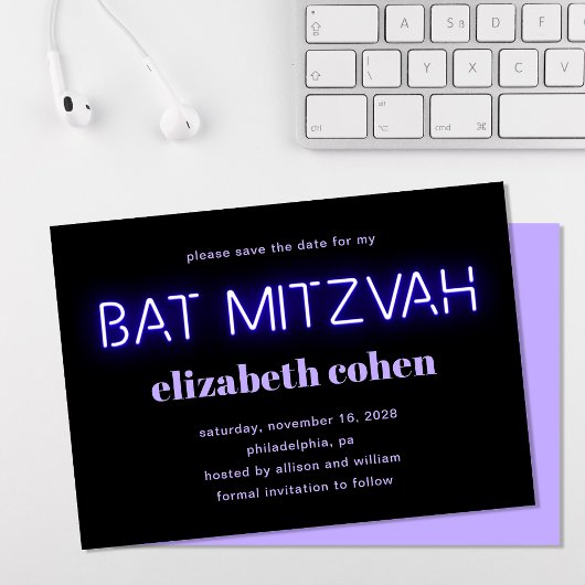 Bat Mitzvah Lila Neon Lights Save the Date Einladung