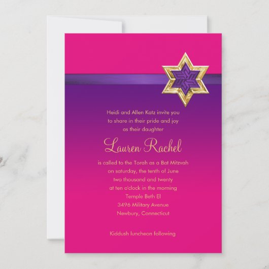 Bat Mitzvah Lila Ombre Ribbon und Star Einladung (Vorderseite)