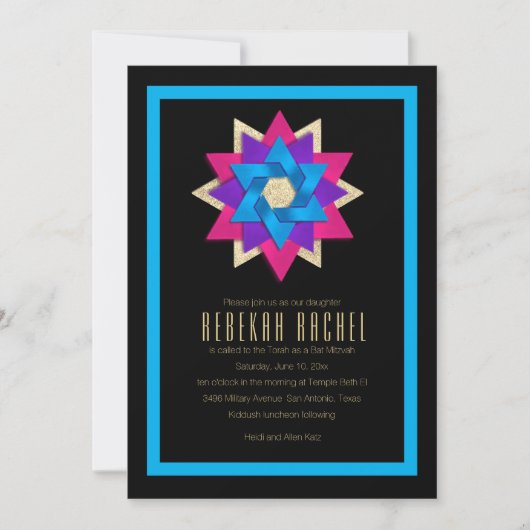 Bat Mitzvah Lila Pink Blue Star Blume Einladung (Vorderseite)