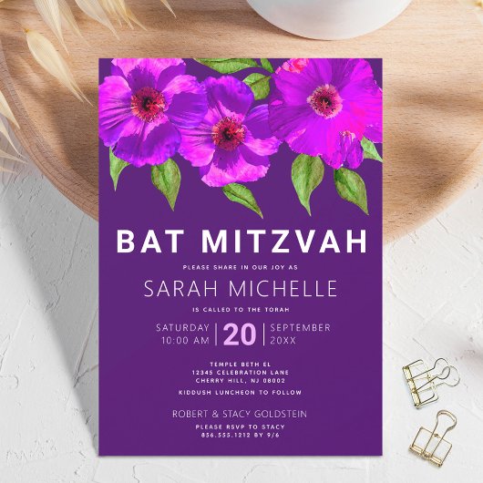 Bat Mitzvah Lila Pink Wasserfarben Flora Modern Einladung
