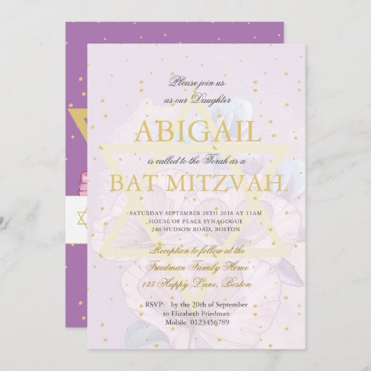Bat Mitzvah Lila Poppies Gold Star von David Einladung (Vorne/Hinten)