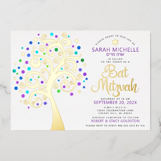 Bat Mitzvah Lila Tree of Life Script Real Gold Folieneinladung (Vorderseite)