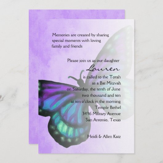 Bat Mitzvah Lila Türkis Butterfly Ombre Einladung (Vorne/Hinten)