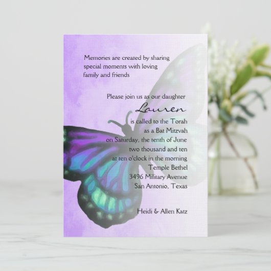 Bat Mitzvah Lila Türkis Butterfly Ombre Einladung (Stehend Vorderseite)