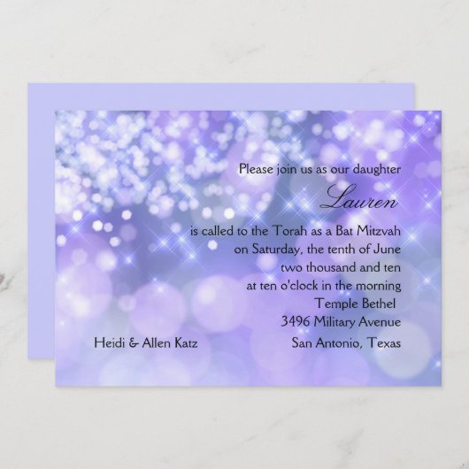 Bat Mitzvah Lila und Blue Sparkights Einladung (Vorne/Hinten)