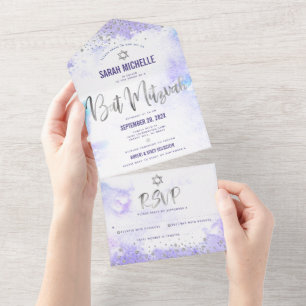 Bat Mitzvah Lila Wasserfarbe Silber Schrift Modern All In One Einladung
