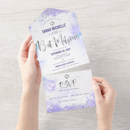 Bat Mitzvah Lila Watercolor Silver Script Modern All In One Einladung
