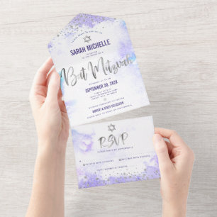 Bat Mitzvah Lila Watercolor Silver Script Modern All In One Einladung