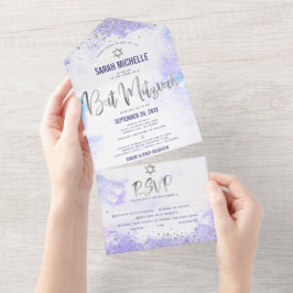Bat Mitzvah Lila Watercolor Silver Script Party All In One Einladung