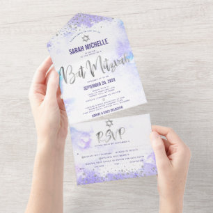 Bat Mitzvah Lila Watercolor Silver Script Party All In One Einladung
