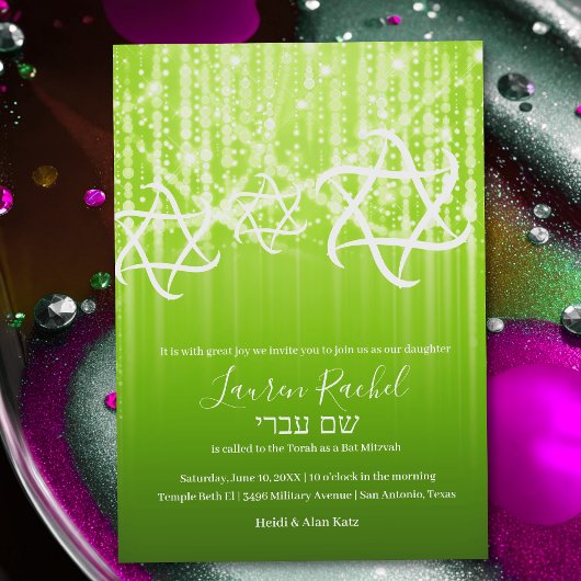 Bat Mitzvah Limon Gras Grün Funkelnd Lichter Einladung
