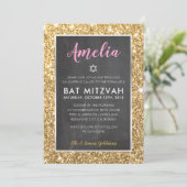 BAT MITZVAH Luxus zwischen rosa goldfarbenem Glitz Einladung (Stehend Vorderseite)